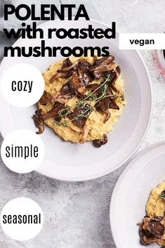 two white plates topped with mushroom and polenta grits next to an eggplant