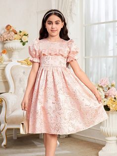 Pink Party Collar Short Sleeve Woven Fabric Floral,All Over Print Fit and Flare Embellished Non-Stretch  Tween Girls Clothing Rose Bonbon, Girl Vintage, Pink Party, Vestidos Vintage, Pink Parties, Fabric Floral, Ely, Short Sleeve Dress