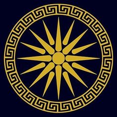 a golden sun surrounded by greek ornames in a circle on a black background