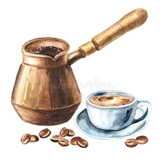 a cup of coffee next to a saucer and beans on a white background royalty illustration