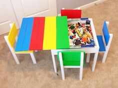 a child's table and chairs made out of legos