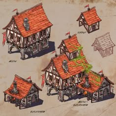 three different types of houses with red roofs