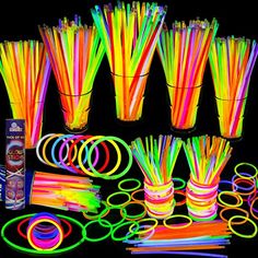 glow sticks and neon bracelets are shown in this image with the text, 50 pack