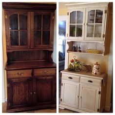 two pictures side by side one has a hutch and the other has a china cabinet