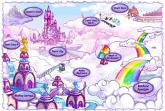 an image of a cartoon castle in the sky with clouds and rainbows around it