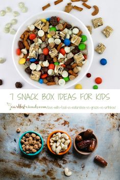 three bowls filled with different types of snacks and the words, snack box ideas for kids