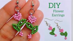 a pair of pink and green flowers are being held in front of a card with the words diy flower earrings on it