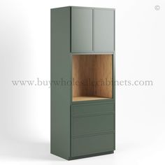 a tall cabinet with two drawers in the front and one door open to reveal an empty shelf