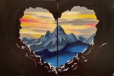 two pieces of art with mountains in the shape of a heart painted on canvases