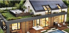 an artist's rendering of a house with solar panels on the roof and swimming pool