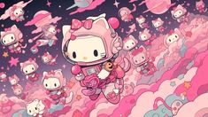 hello kitty is flying through the sky with many pink clouds and stars on it's sides