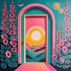 a painting of an open door with flowers on the outside and sun in the background