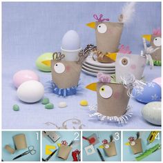 several pictures of different things made out of toilet paper and egg shells, with eggs in the background