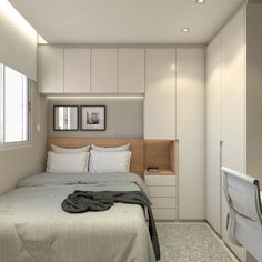 a bedroom with a bed and white walls