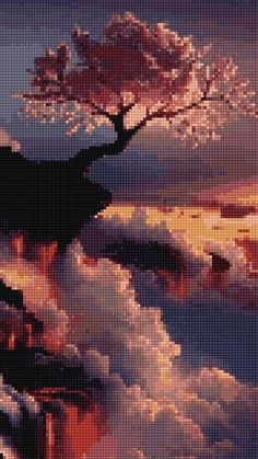 a cross stitch picture of a tree in the clouds