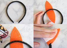 four pictures showing how to make an orange cat ears headband with black hair ties