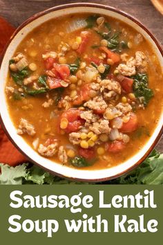 A bowl of sausage lentil soup with kale. Lentil Soup With Kale, Sausage Lentil Soup, Sausage Lentil, Best Lentil Soup Recipe, Soup With Kale, Canned Lentils, Dried Lentils, Mild Italian Sausage, Hot Italian Sausage