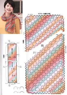 an image of a woman wearing a scarf with fish scales on it and the instructions for how to crochet