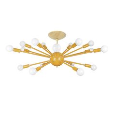 a yellow chandelier with white and gold bulbs hanging from it's center