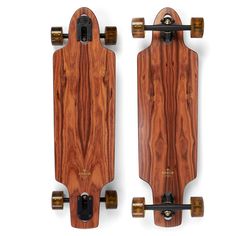 two wooden skateboards side by side on a white background