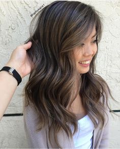 Grey Blending On Dark Hair, Asian Hair Balayage Ash, Highlights On Asian Hair, Asian Hair Ideas, Brunette 2023, Asian Perm, Asian Hair Highlights, Highlights Brown Hair Balayage, Babylights Hair