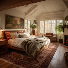 a bedroom with a large bed and fireplace in the corner, along with an area rug on the floor