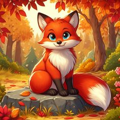 a red fox sitting on top of a rock in the middle of a forest filled with leaves