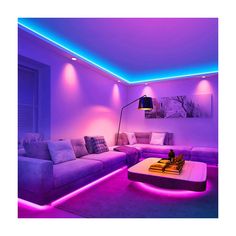 a living room filled with furniture and purple lighting