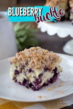 blueberry breakfast cake on a white plate with the title overlay reads, blueberry breakfast cake