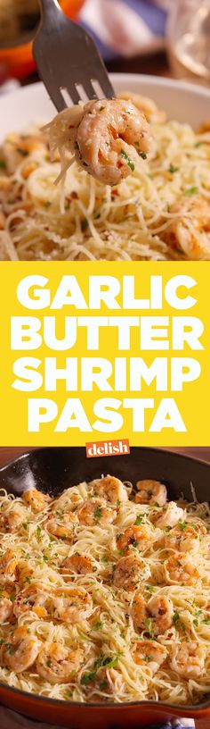 garlic butter shrimp pasta in a skillet