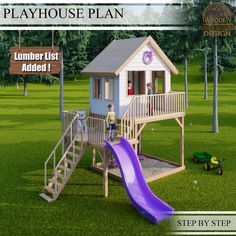 a kid's play house with a slide in the grass