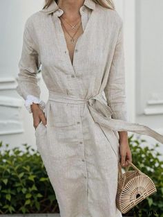 Olivia Mark - Graceful Solid Color Waist Belted Shirt Dress and Maxi Skirt Collar Shirt Dress, Button Shirt Dress, Laced Up Shirt, Womens Sheath Dress, Elegant Midi Dresses, Collared Shirt Dress, T Dress, Dress Sleeve Styles, Long Skirts For Women