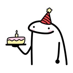 a cartoon character holding a cake with a candle on it