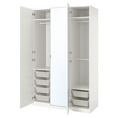 an open white closet with drawers and shelves on the bottom shelf, isolated against a white background