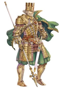 a drawing of a man dressed in armor and holding two swords, with a crown on his head