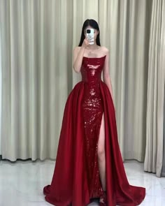 Pretty Strapless Red A Line Long Prom Dresses With Slit C2667 Wallpapers Music, Hot Prom Dress, Strapless Prom Dresses, Spaghetti Strap Prom Dress, Red Evening Dress, Prom Dress Inspiration, Ball Gowns Evening, Long Prom Dresses, Red A