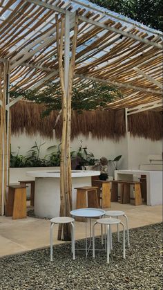 an outdoor dining area with tables and stools under a roof made out of wood planks