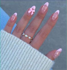 Pink bow with pearls Dip Nails With Gems, Pink Bow Nails Square, Bo Peep Nails, Almond Nails With Bow, French Tips Almond Shape, Maddie Nails, Bow Nail Art Designs, French Tips Almond, Girly Coquette Aesthetic