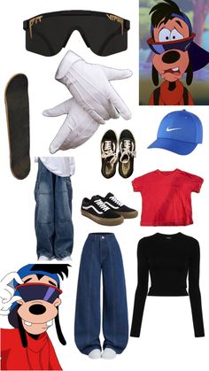 an assortment of clothing and accessories including shoes, hat, sunglasses, baseball cap, skateboard