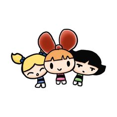 three cartoon girls with red bows on their heads