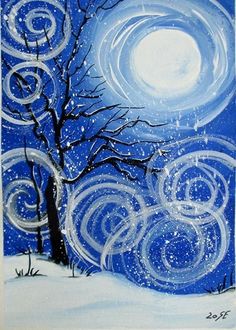 a painting of a snowy night with swirls and a tree in the foreground