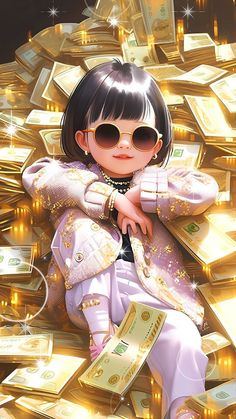 a woman sitting on top of a pile of money wearing sunglasses and holding a purse