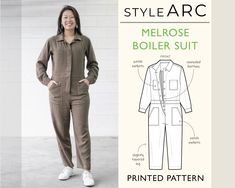 Note: Style Arc patterns best suited to intermediate to experienced sewists. (Their drafting is excellent but the instructions are sparse.) The Melrose Boiler Suit sewing pattern elevates the traditional button front boiler suit. The button opening is hidden behind a placket. The long sleeves feature a button cuff, and the shirt collar has a half moon collar stand. There are breast and leg patch pockets, as well as back patch pockets. The double back yoke and sleeves feature tucks for shaping. This is a new, uncut, printed sewing pattern with instructions on a large scale paper sheet, enclosed in a plastic sleeve. Coveralls Pattern Free, Boiler Suit Pattern Free, Boiler Suit Sewing Pattern, Flight Suit Sewing Pattern, Suit Sewing Patterns, Boiler Suit, Collar Pattern, Organic Fabrics, Shirt Collar