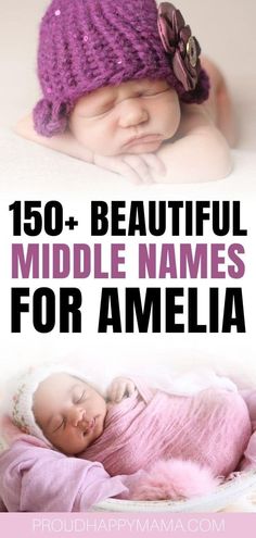 a baby wearing a purple knitted hat with the words, 150 + beautiful middle names for