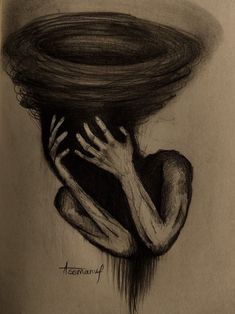 a drawing of a person holding their head in the air