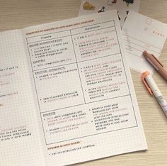 an open notebook and pen sitting on top of a wooden table next to some papers