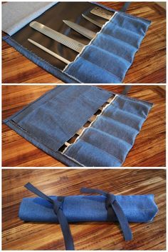 three pictures showing how to sew an old pair of jeans into a pillow case