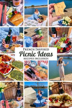 a collage of pictures with people eating food and drinking wine at an outdoor picnic