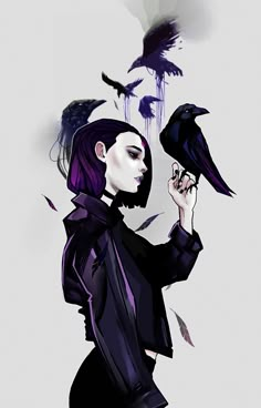 a woman with purple hair holding a black bird in her hand and two crows flying above her