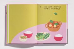 an open book with pictures of food on the cover and words that read, i am com - things to eat with rice